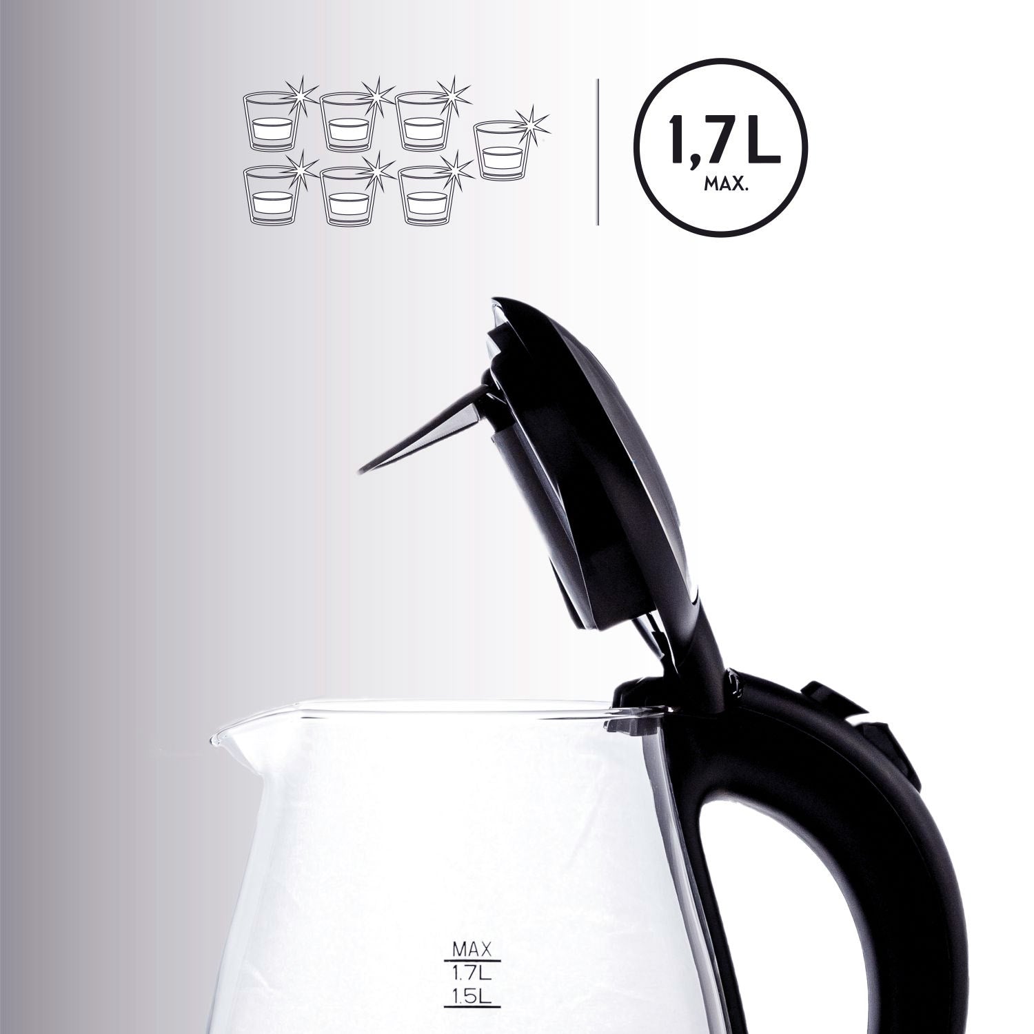 Wasserkocher 1,7 L Glas, 1850–2200 W, Cool-Touch-Griff