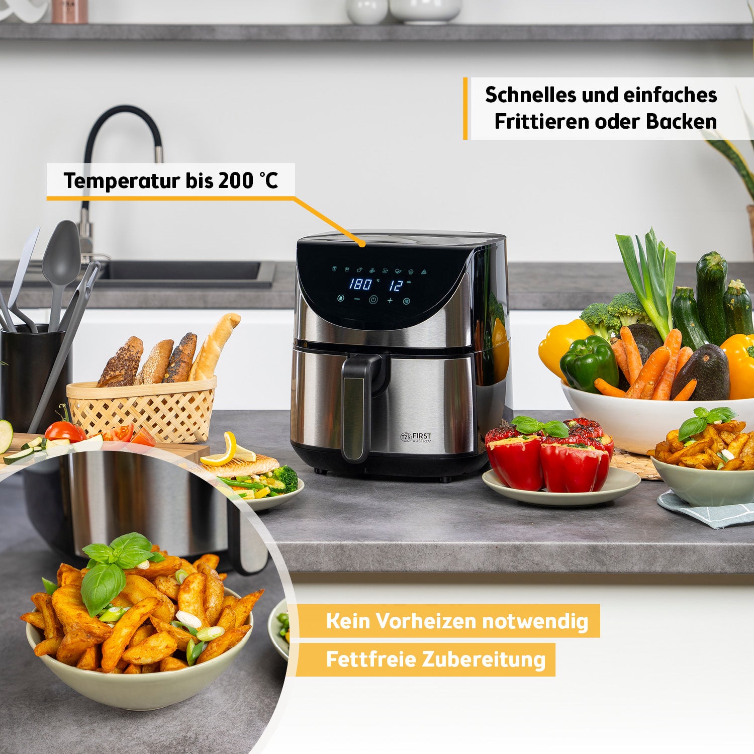 Heißluftfritteuse 5,8 L, 8 Programme, 5-°C-Temperaturschritte