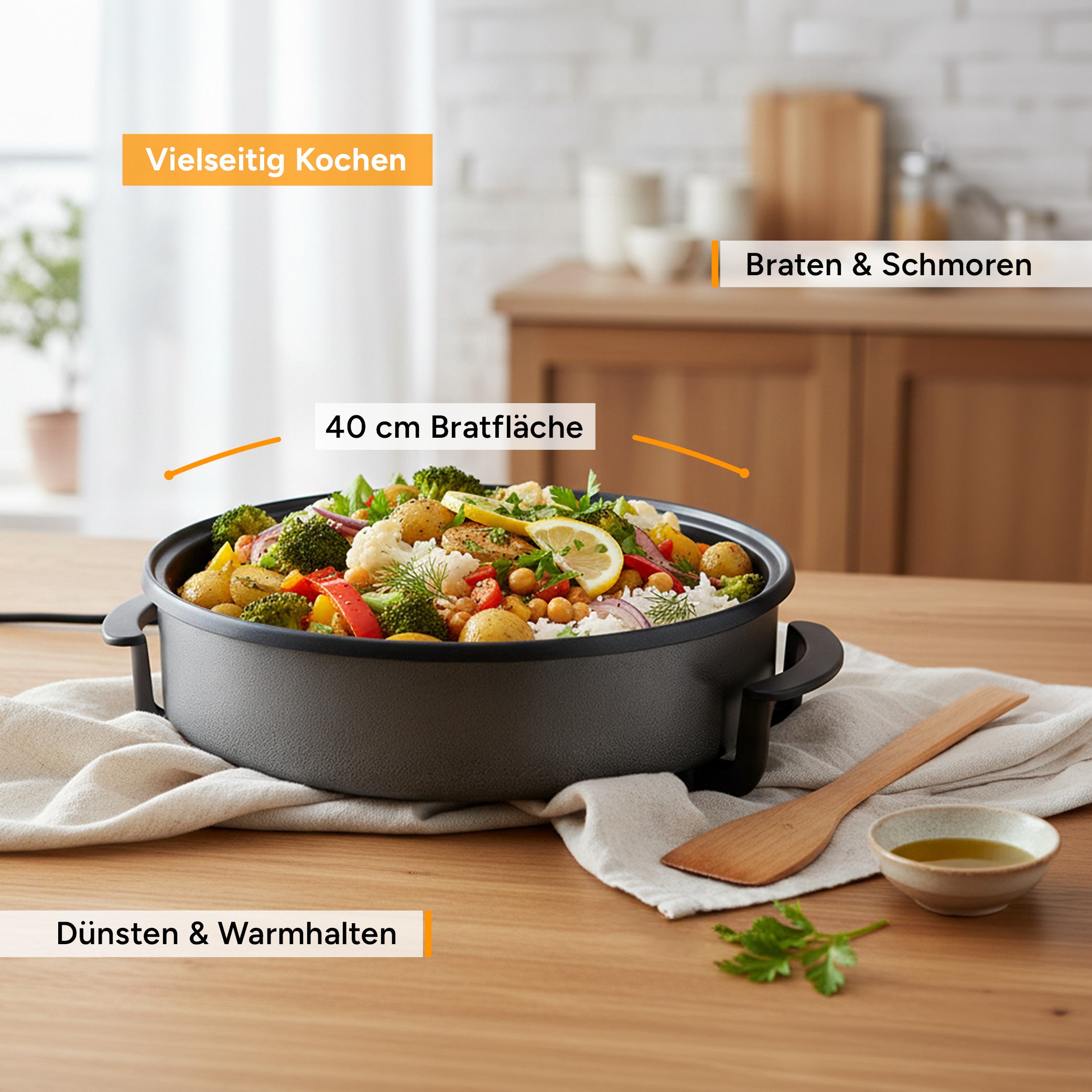 Electric Multi Pan 40 cm, Non-Stick Coated, incl. Glass Lid