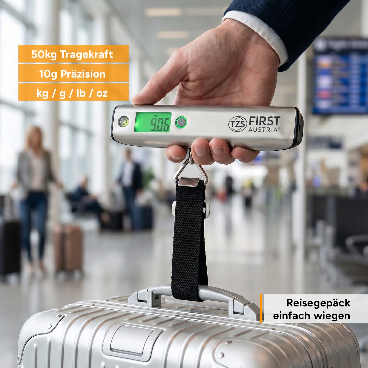 Digitale Kofferwaage 50 kg, inklusive Maßband, mit Edelstahl-Finish