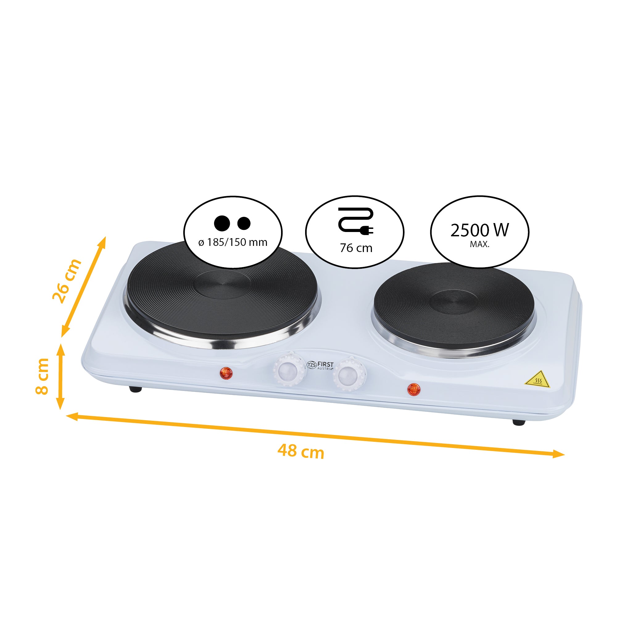 Doppelkochfeld 2500 W, 2 Gusseisen-Kochplatten, stufenloser Thermostat