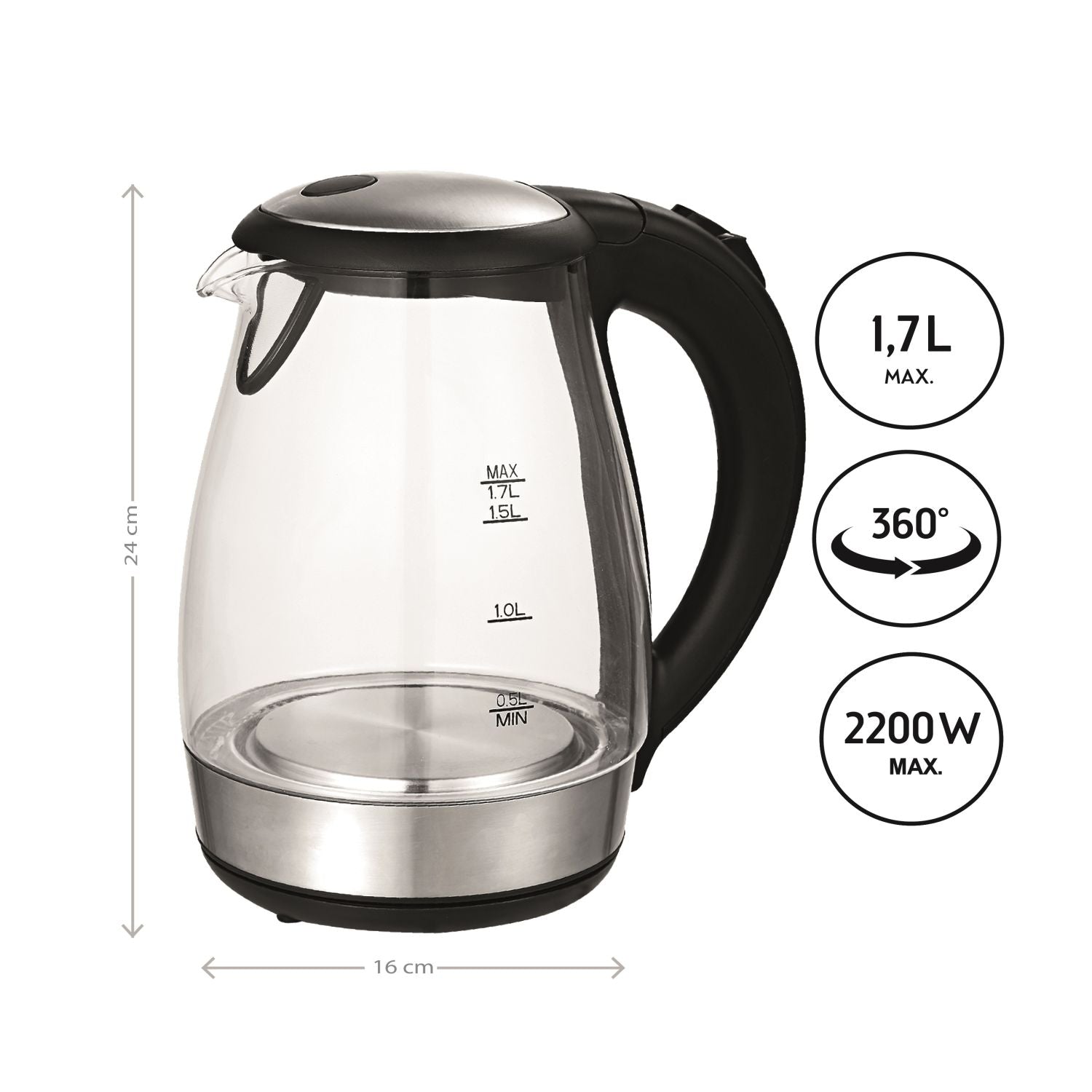 Wasserkocher 1,7 L Glas, 1850–2200 W, Cool-Touch-Griff
