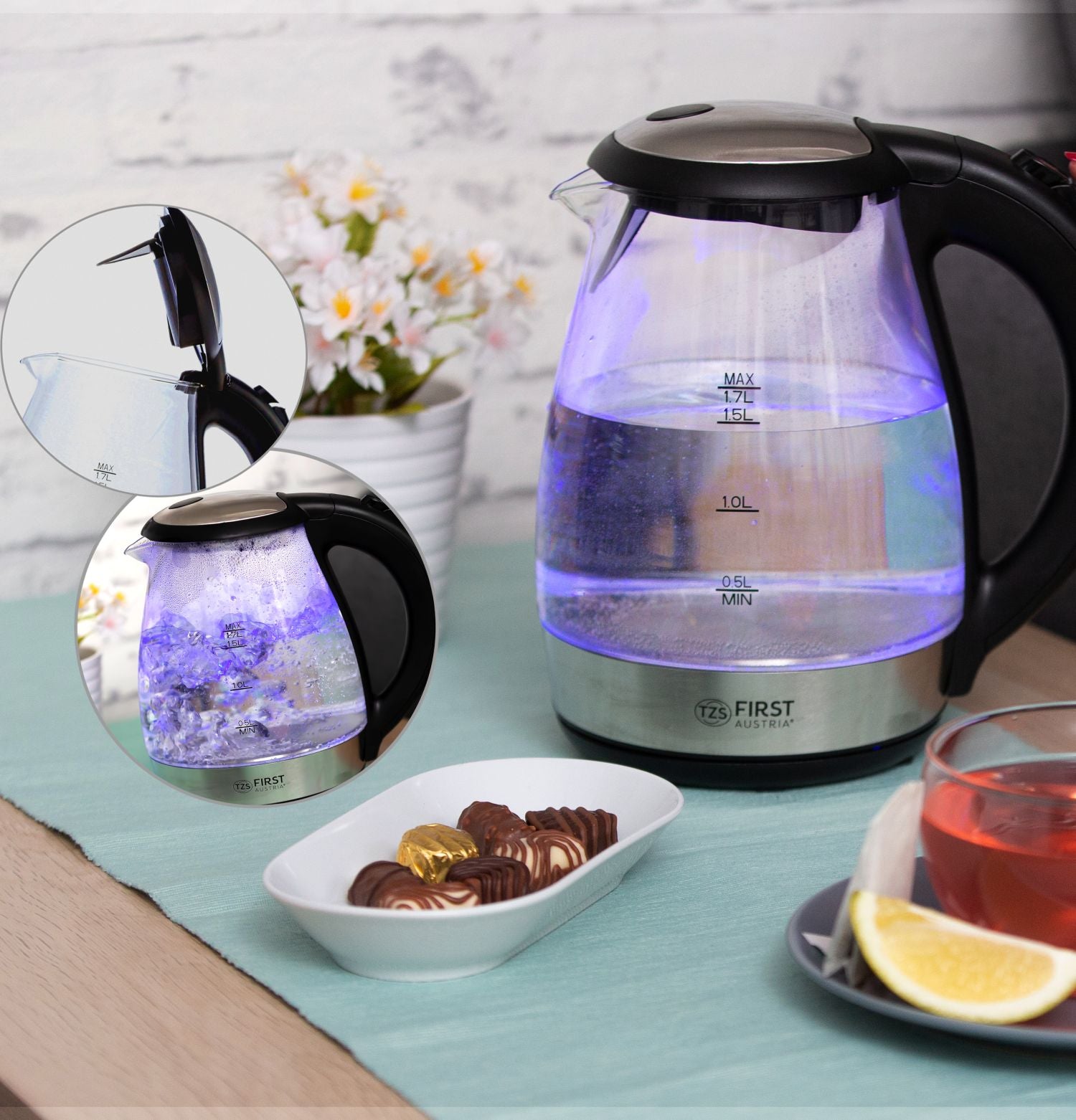 Wasserkocher 1,7 L Glas, 1850–2200 W, Cool-Touch-Griff