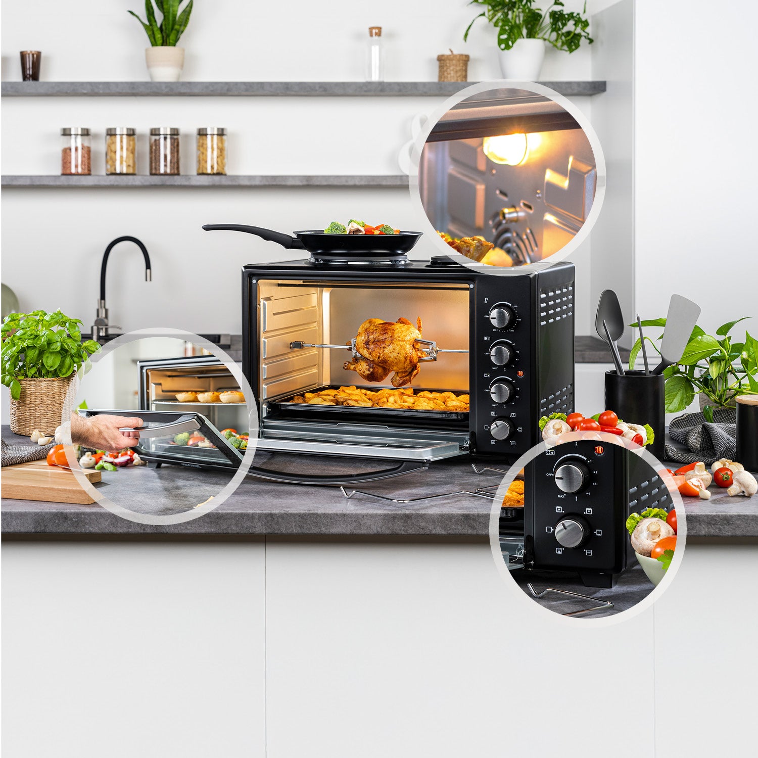 Mini-Backofen 60L, mit Kochplatten, Drehspieß