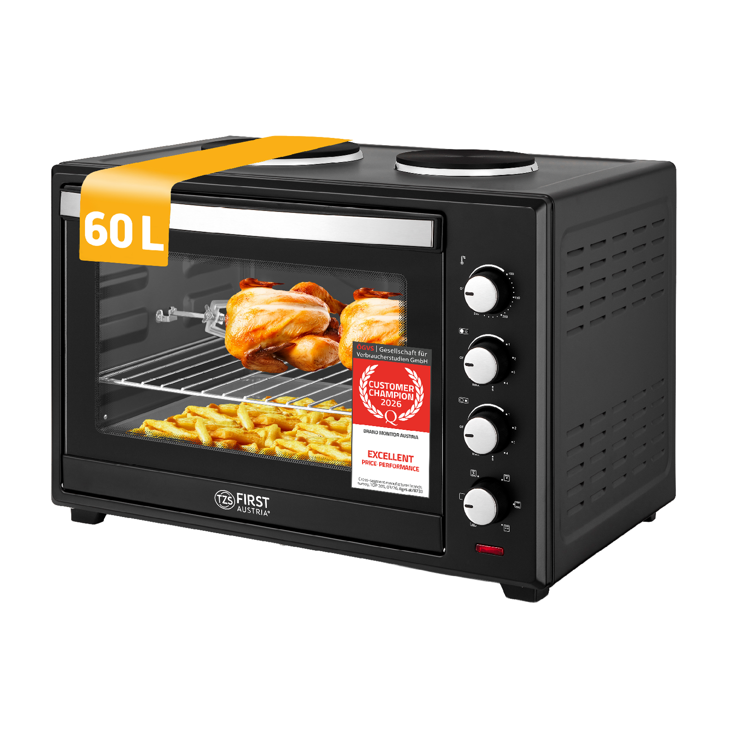 Mini-Backofen 60L, mit Kochplatten, Drehspieß