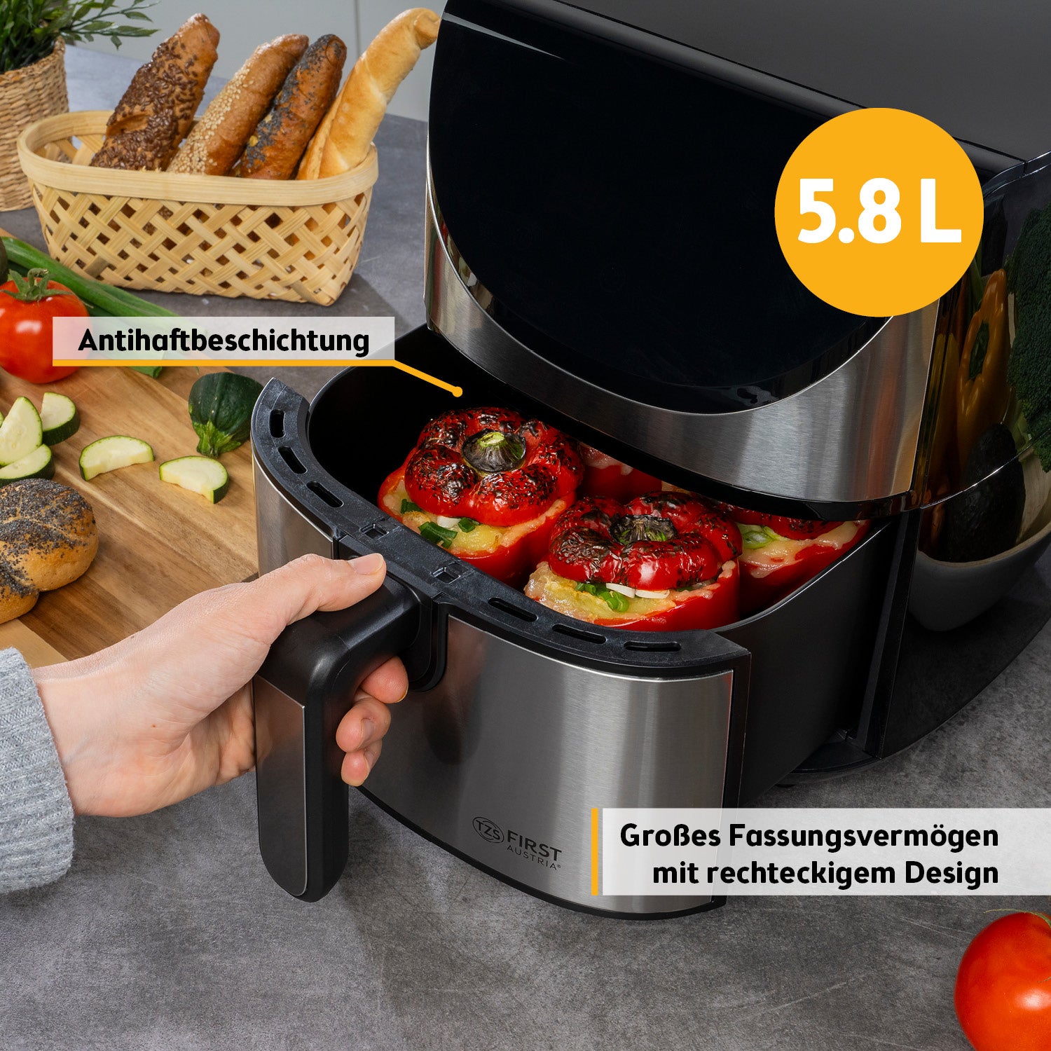 Heißluftfritteuse 5,8 L, 8 Programme, 5-°C-Temperaturschritte
