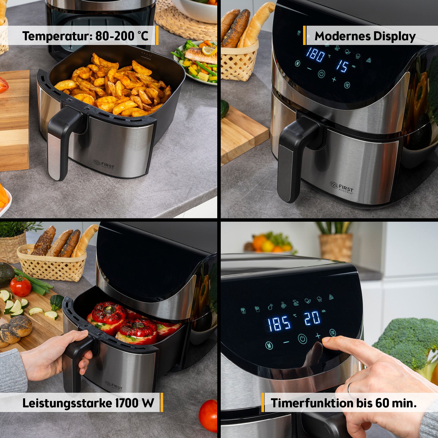 Heißluftfritteuse 5,8 L, 8 Programme, 5-°C-Temperaturschritte