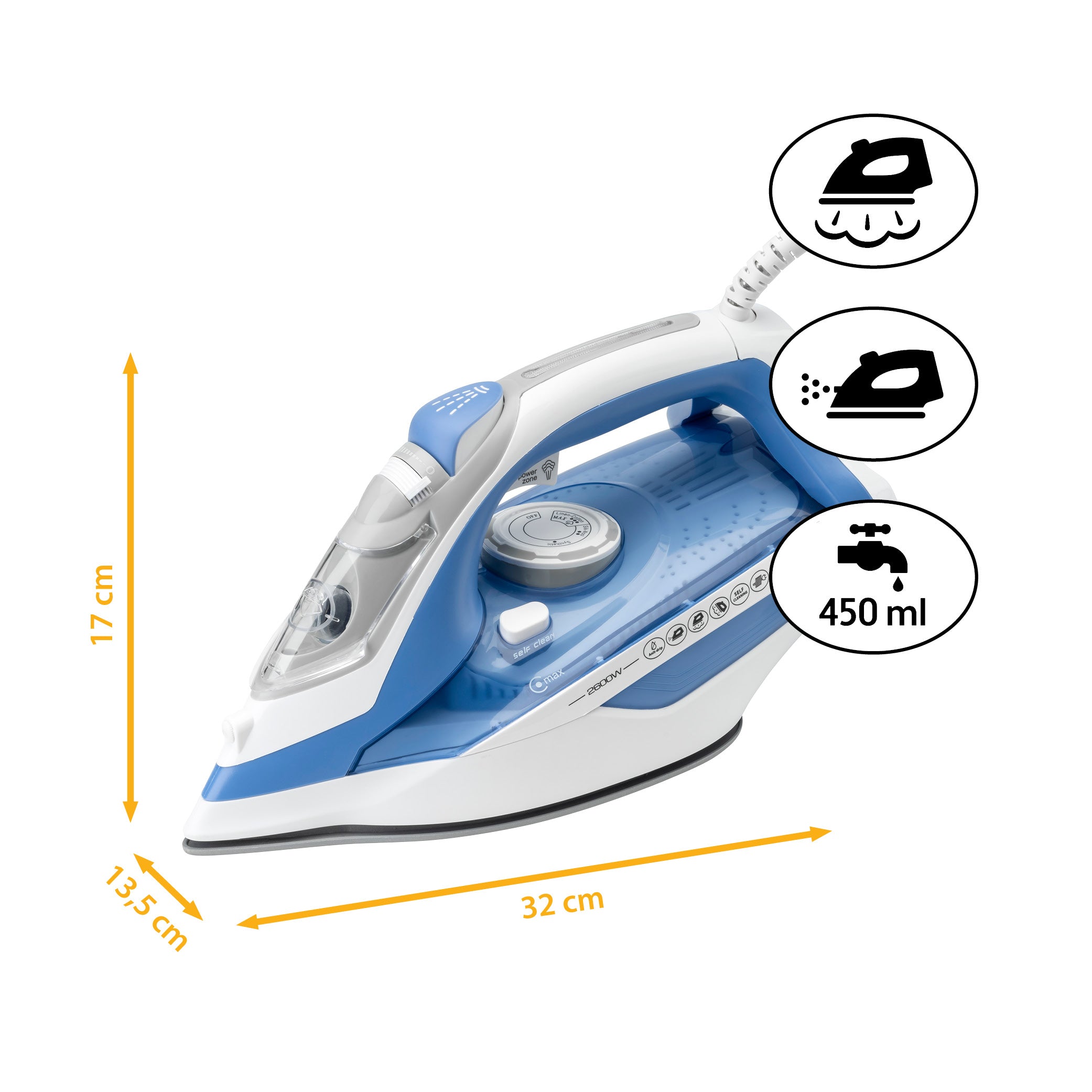Steam Iron 450 ml, 2600 W, Ceramic Soleplate