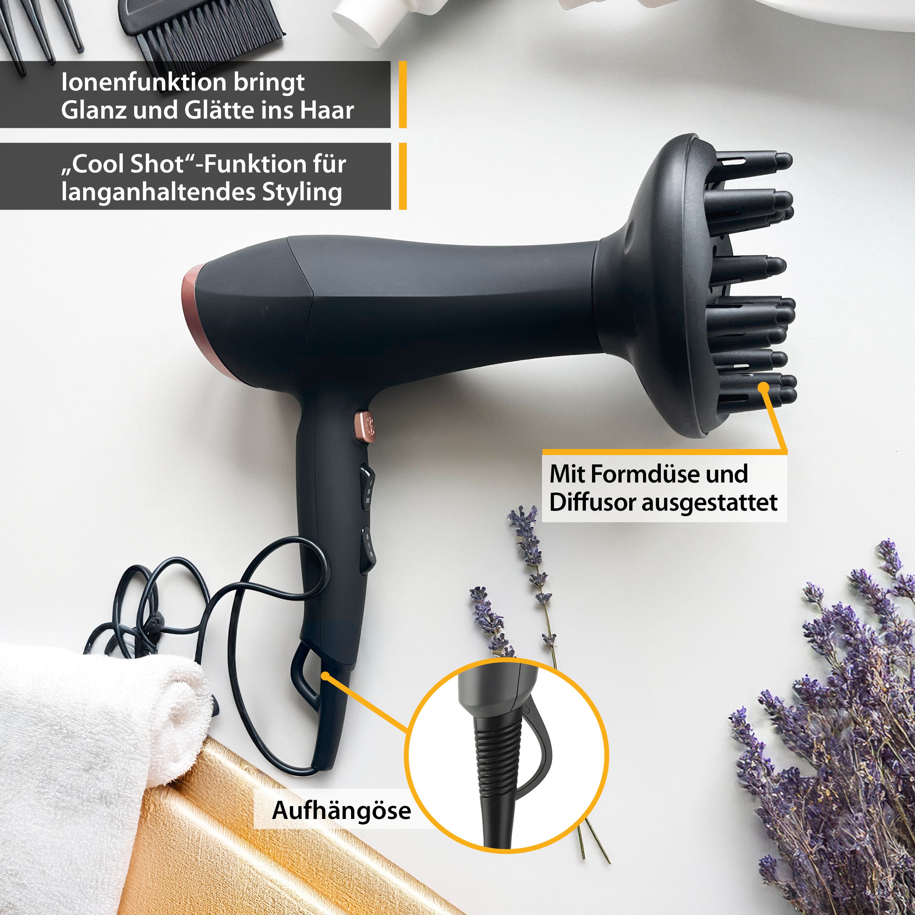 Haartrockner bis 2200 W, Ionen-Technologie, mit Diffusor