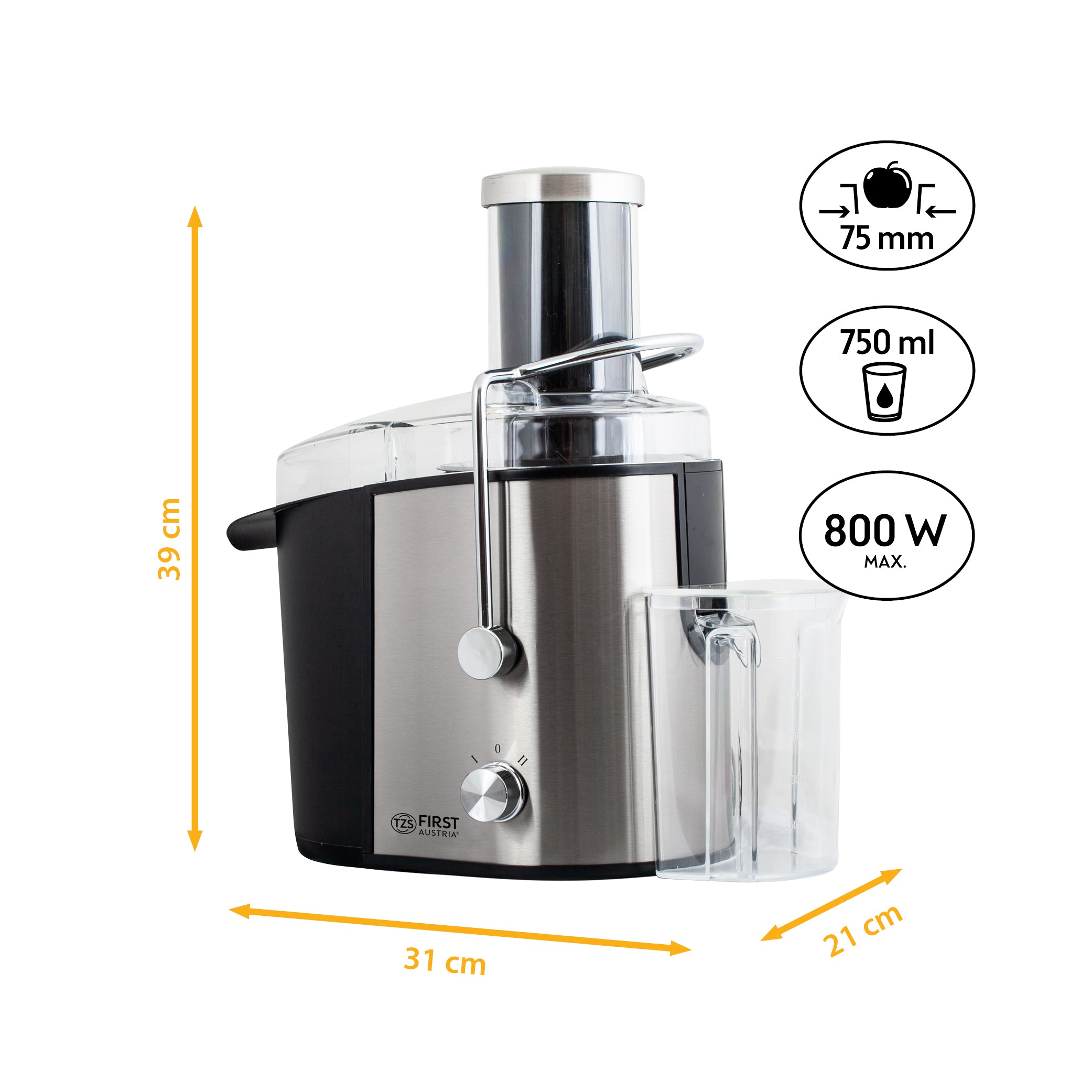 Entsafter 800 W, XXL-Einfüllschacht 75 mm, Edelstahl