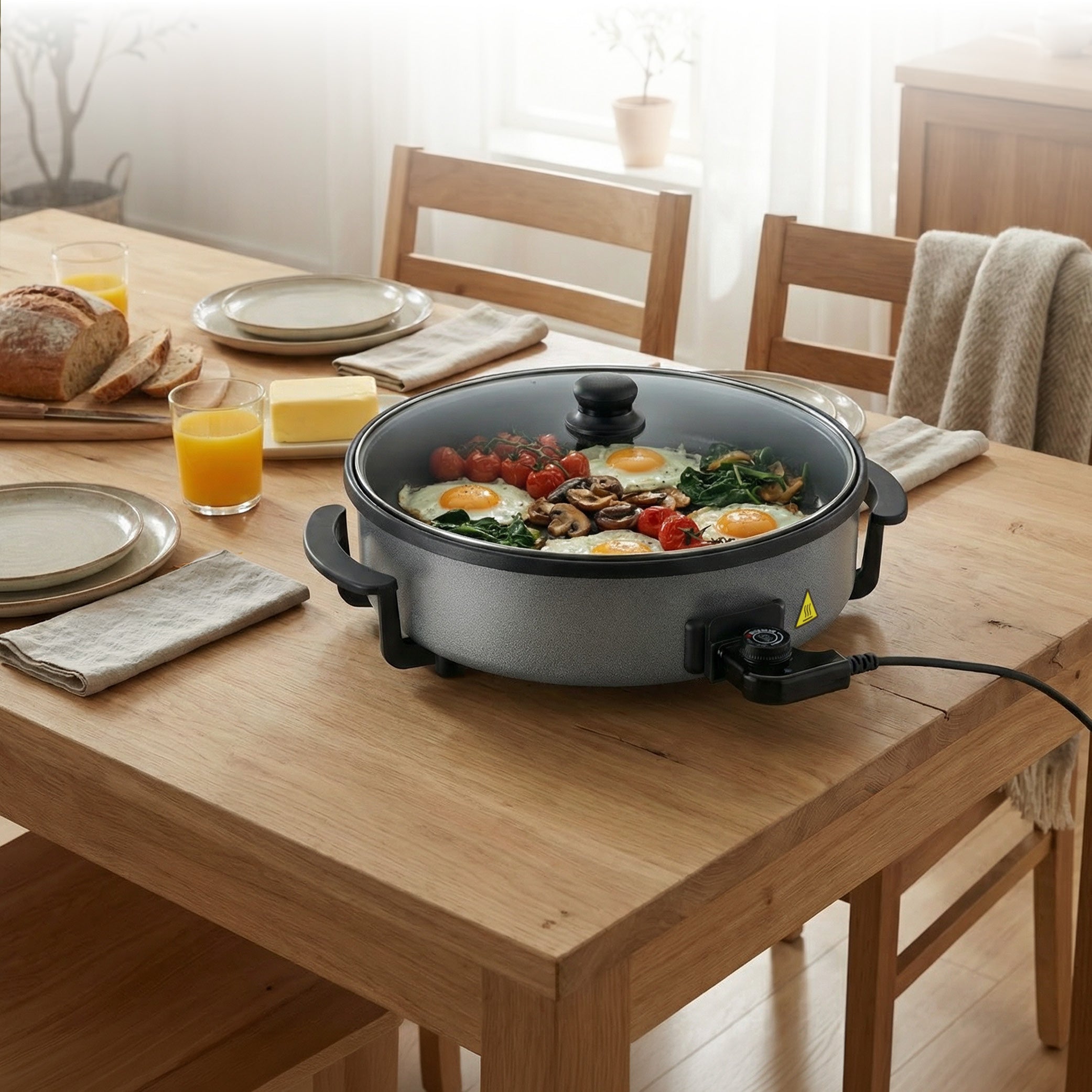 Padella Elettrica Multiuso 40cm, Rivestimento Antiaderente, incl. Coperchio in Vetro
