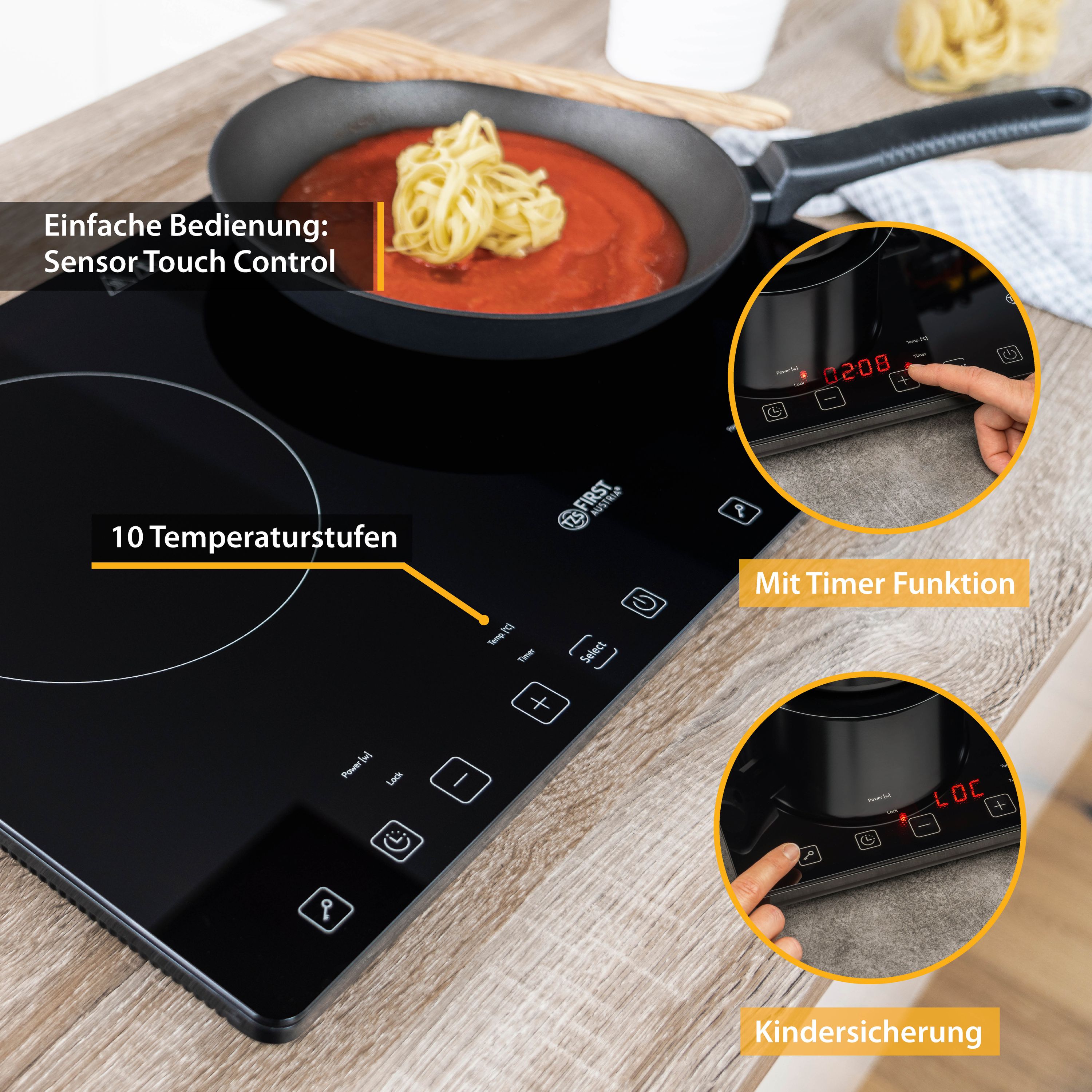 Doppel-Induktionskochplatte 3400 W, Touch-Bedienung, mit Timer