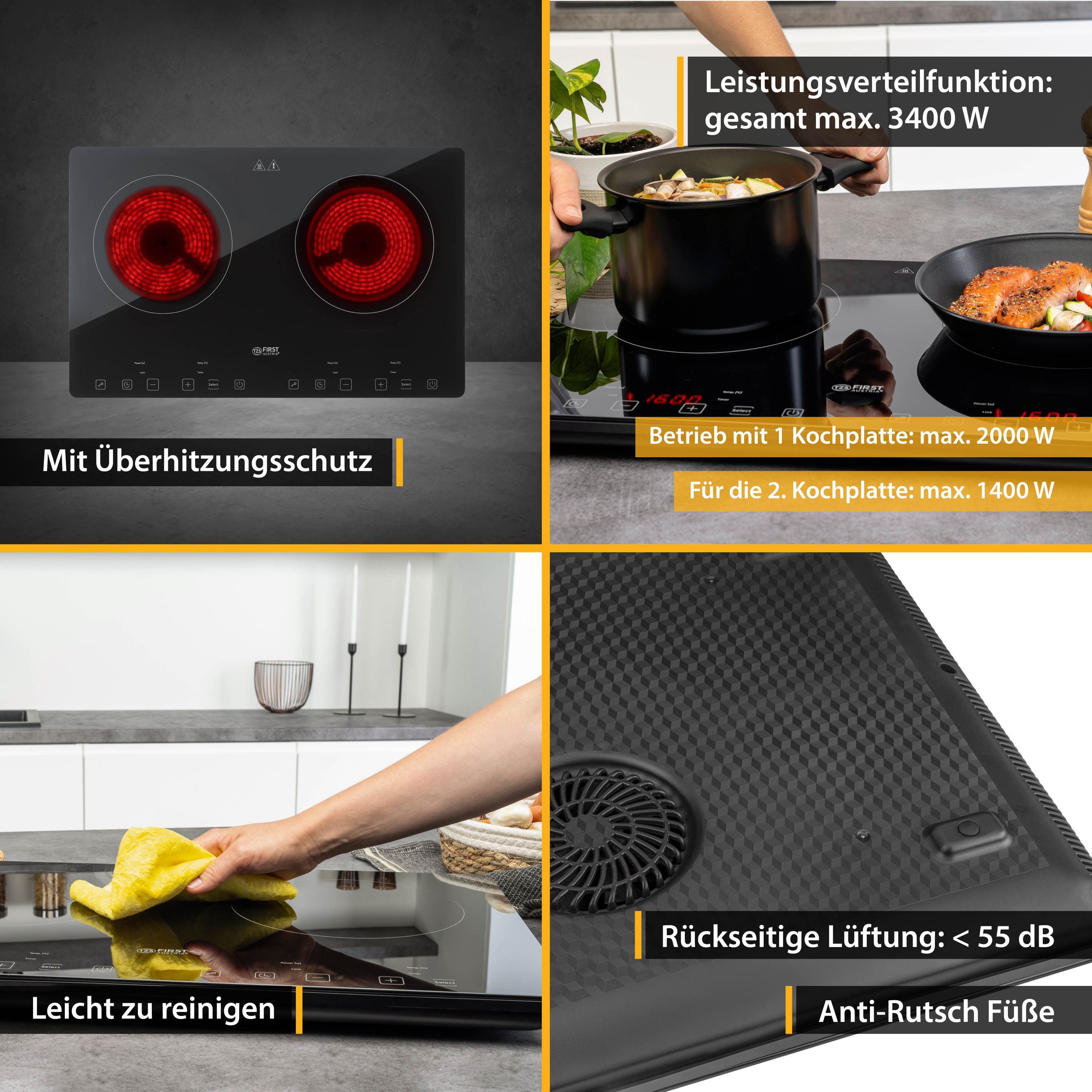 Doppel-Induktionskochplatte 3400 W, Touch-Bedienung, mit Timer