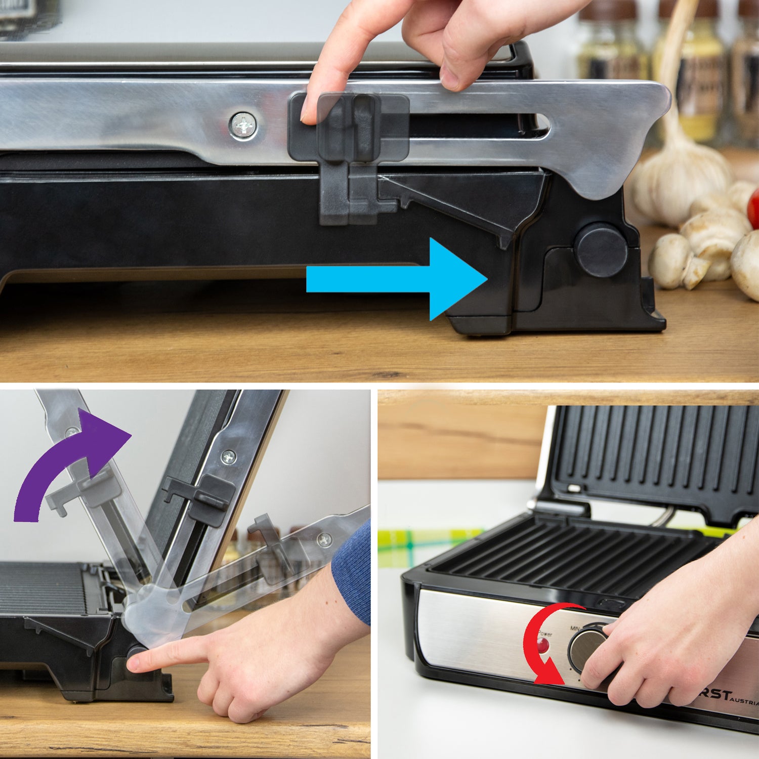 Tabletop grill, 2000 W, opens 180°
